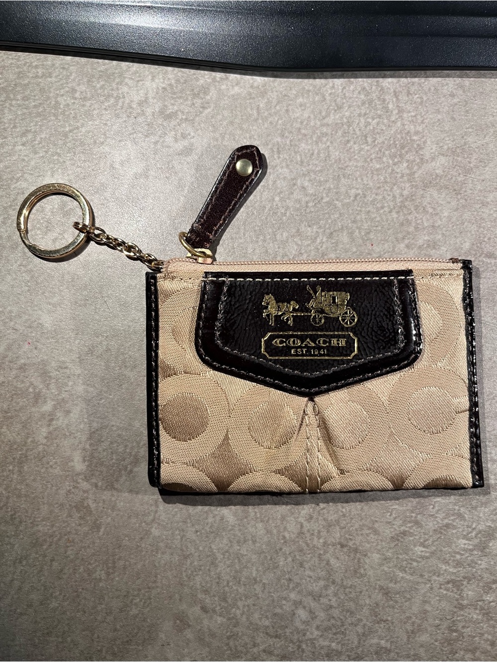 Coach Beige Canvas Key Card Case with Dark Brown Trim